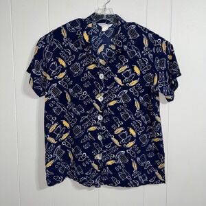 Itinerary Button Up Short Sleeve Shirt Navy Blue Coffee Tea Cup Print Size 1X
